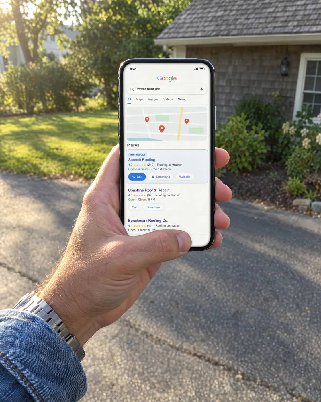 A hand holding a phone showing local search results with a business at the top